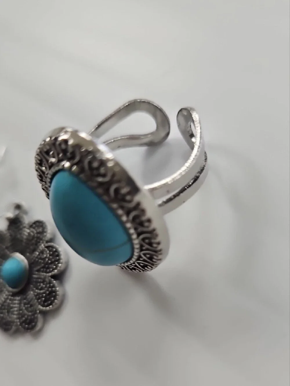 Turquoise Silver Flower Drop Earrings and Ring Set